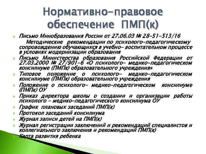 Нормативно-правовое обеспечение ПМП(к) Письмо Минобразования России от 27. 06. 03 № 28 -51 -513/16