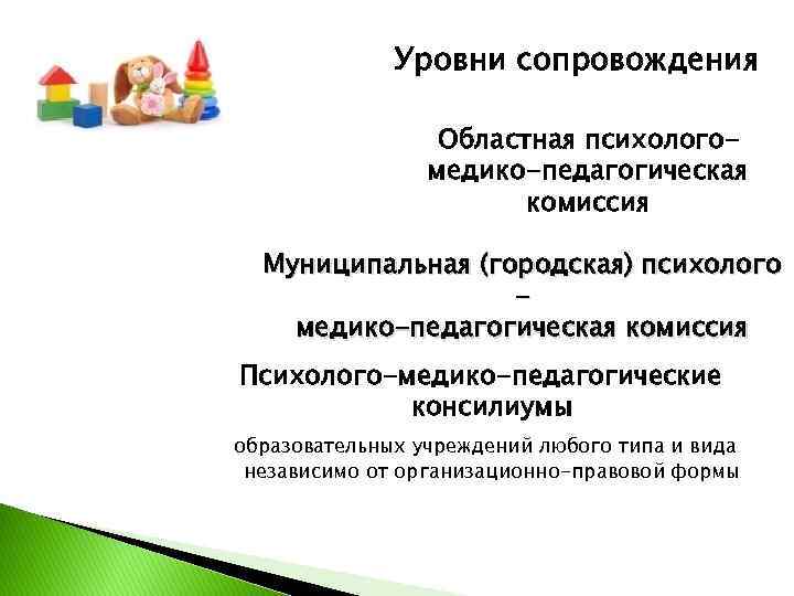 Уровни сопровождения Областная психологомедико-педагогическая комиссия Муниципальная (городская) психолого медико-педагогическая комиссия Психолого-медико-педагогические консилиумы образовательных учреждений