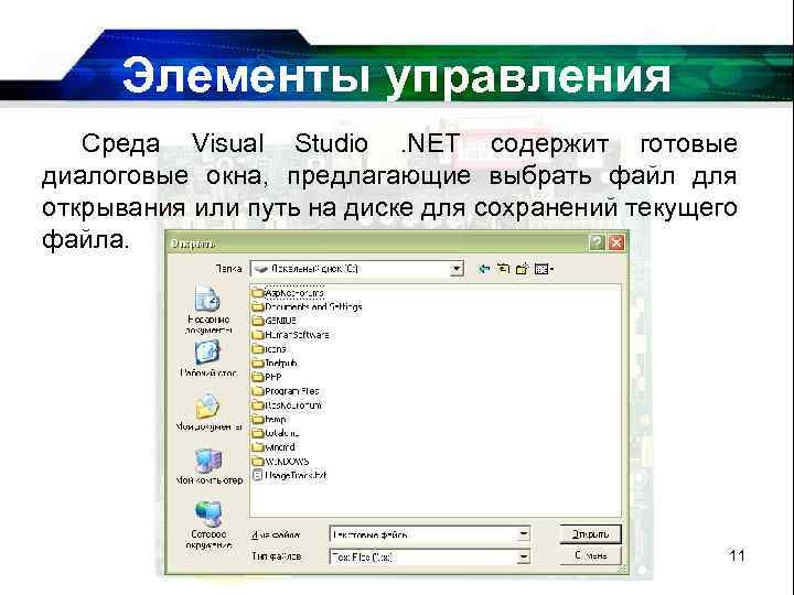 Элементы управления Среда Visual Studio. NET содержит готовые диалоговые окна, предлагающие выбрать файл для