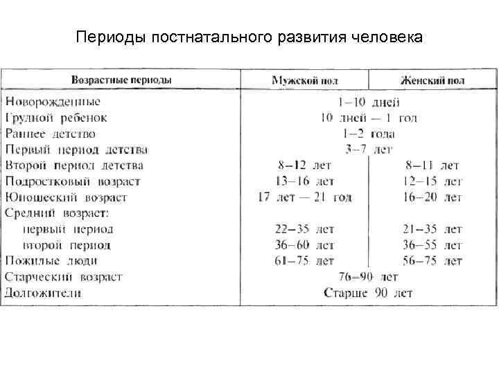 Схема возрастной периодизации онтогенеза человека