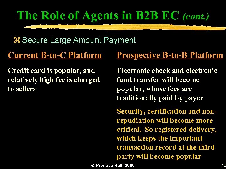 The Role of Agents in B 2 B EC (cont. ) z Secure Large