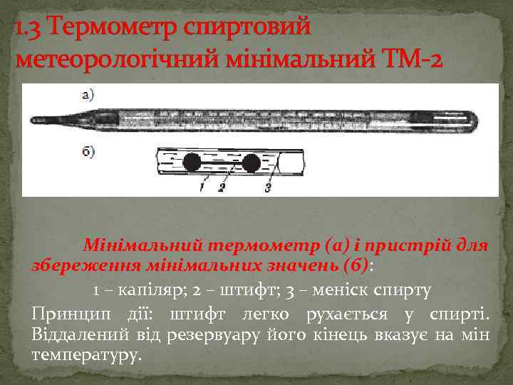 1. 3 Термометр спиртовий метеорологічний мінімальний ТМ 2 Мінімальний термометр (а) і пристрій для