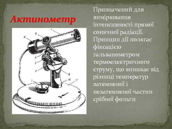 Актинометр Призначений для вимірювання інтенсивності прямої сонячної радіації. Принцип дії полягає фіксацією гальванометром термоелектричного