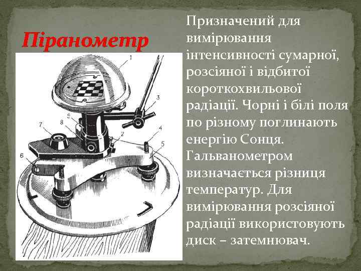 Піранометр Призначений для вимірювання інтенсивності сумарної, розсіяної і відбитої короткохвильової радіації. Чорні і білі