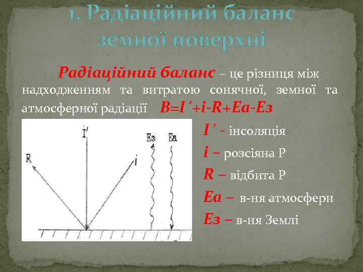 1. Радіаційний баланс земної поверхні Радіаційний баланс – це різниця між надходженням та витратою