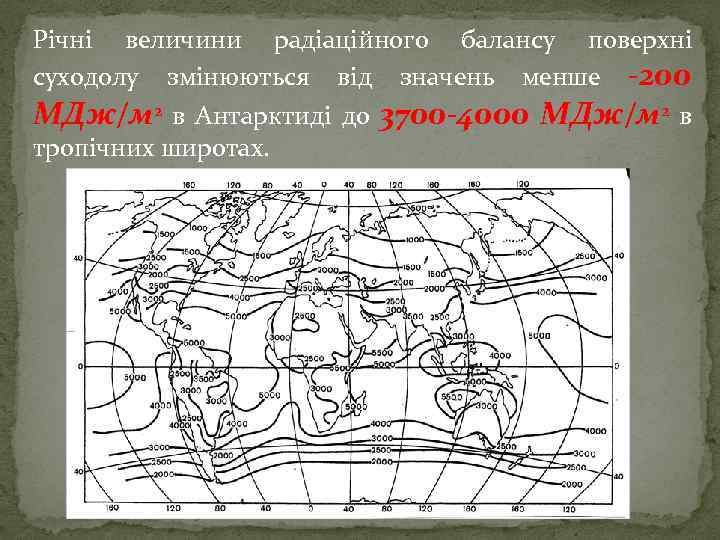 Річні величини радіаційного балансу поверхні суходолу змінюються від значень менше -200 МДж/м 2 в