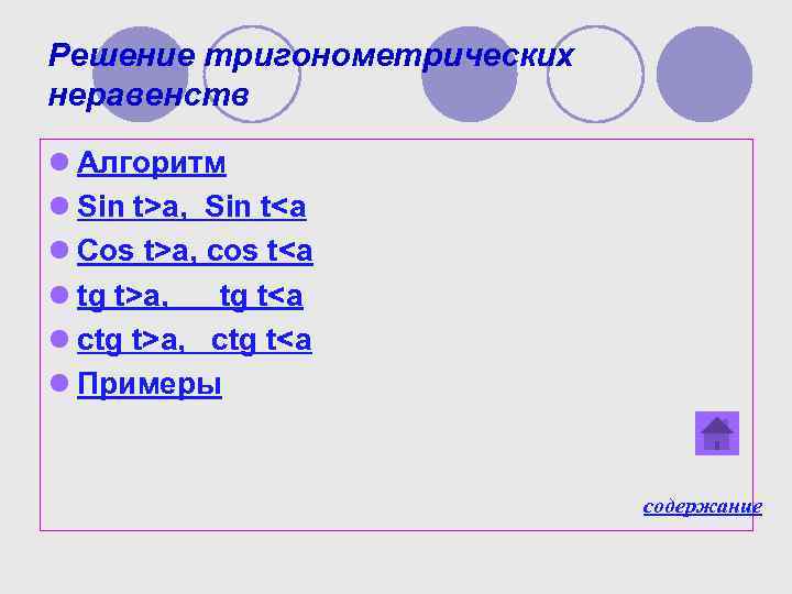 Решение тригонометрических неравенств l Алгоритм l Sin t>a, Sin t<a l Cos t>a, cos Решение тригонометрических неравенств l Алгоритм l Sin t>a, Sin t<a l Cos t>a, cos
