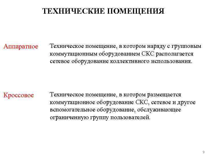 ТЕХНИЧЕСКИЕ ПОМЕЩЕНИЯ Аппаратное Техническое помещение, в котором наряду с групповым коммутационным оборудованием СКС располагается