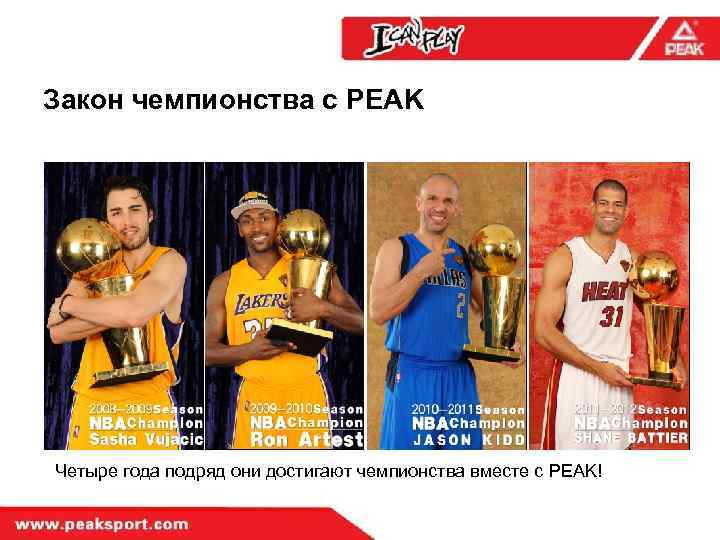 Закон чемпионства с PEAK Четыре года подряд они достигают чемпионства вместе с PEAK! 