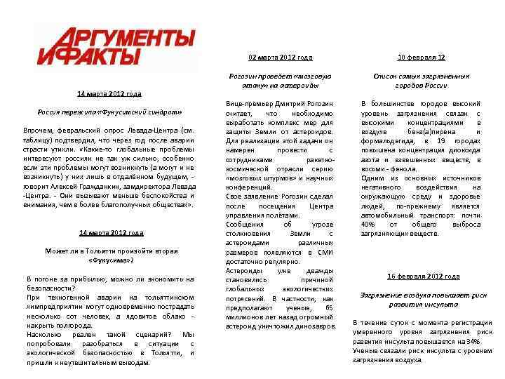 02 марта 2012 года 14 марта 2012 года Россия пережила «Фукусимский синдром» Впрочем, февральский