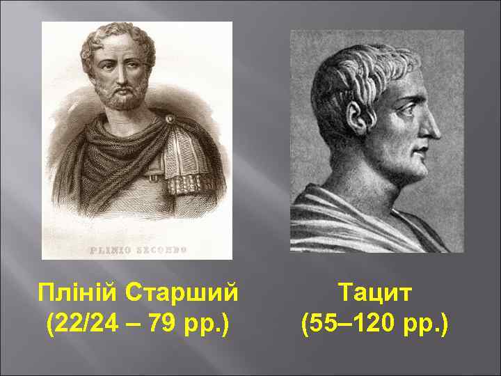 Пліній Старший (22/24 – 79 рр. ) Тацит (55– 120 рр. ) 