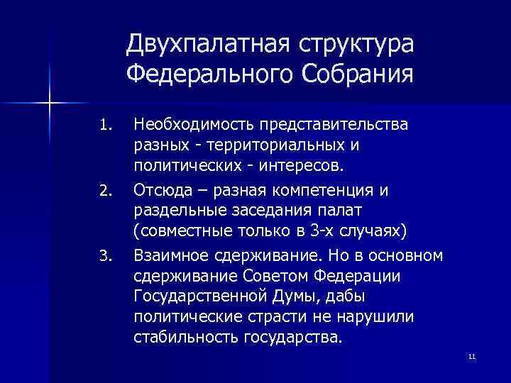 Двухпалатная структура Федерального Собрания 1. 2. 3. Необходимость представительства разных - территориальных и политических