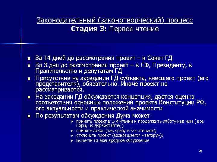 Законодательный (законотворческий) процесс Стадия 3: Первое чтение n n n За 14 дней до