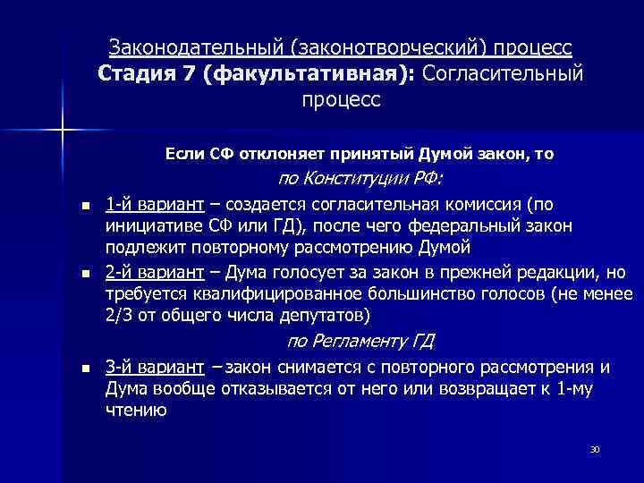 Законодательный (законотворческий) процесс Стадия 7 (факультативная): Согласительный процесс Если СФ отклоняет принятый Думой закон,