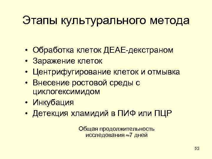 Этапы культурального метода • • Обработка клеток ДЕАЕ-декстраном Заражение клеток Центрифугирование клеток и отмывка