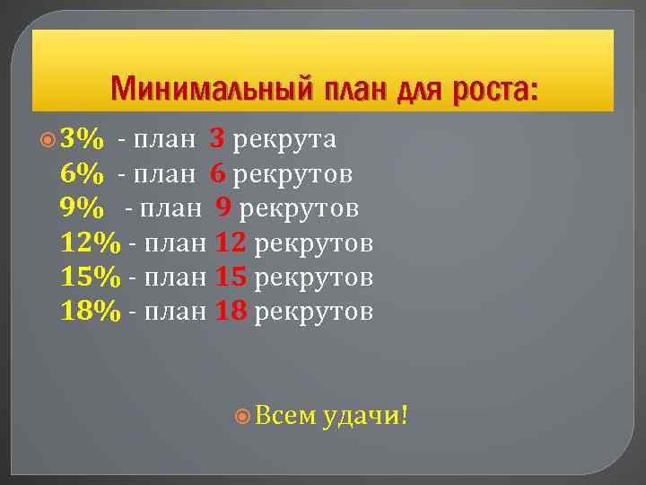 Минимальный план для роста: 3% - план 3 рекрута 6% - план 6 рекрутов