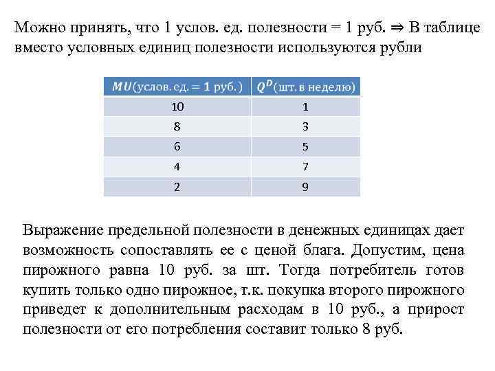 Можно принять, что 1 услов. ед. полезности = 1 руб. ⇒ В таблице вместо