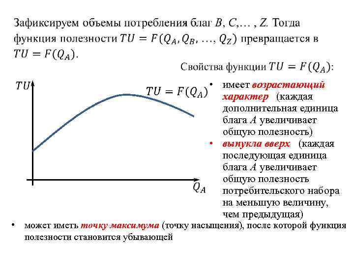  • имеет возрастающий характер (каждая дополнительная единица блага А увеличивает общую полезность) •