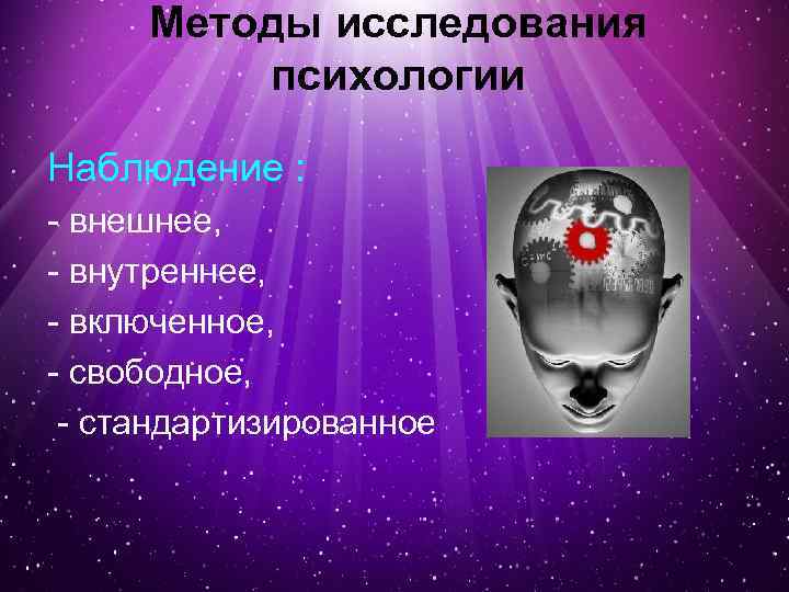 Методы исследования психологии Наблюдение : - внешнее, - внутреннее, - включенное, - свободное, -