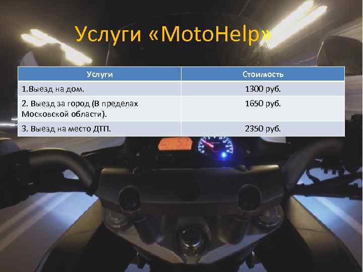 Услуги «Moto. Help» Услуги Стоимость 1. Выезд на дом. 1300 руб. 2. Выезд за