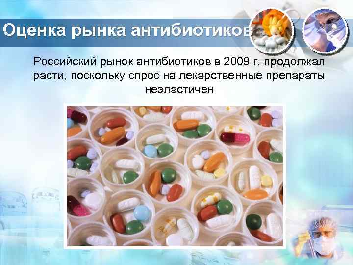 Оценка рынка антибиотиков Российский рынок антибиотиков в 2009 г. продолжал расти, поскольку спрос на