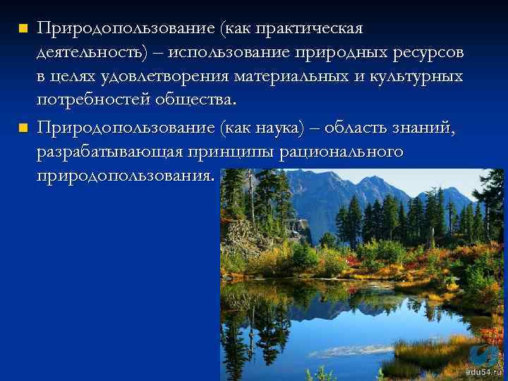 n n Природопользование (как практическая деятельность) – использование природных ресурсов в целях удовлетворения материальных