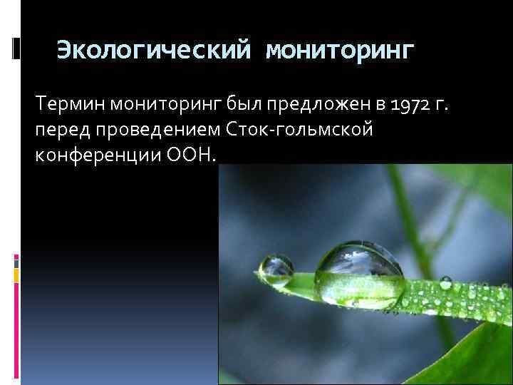 Экологический мониторинг Термин мониторинг был предложен в 1972 г. перед проведением Сток гольмской конференции