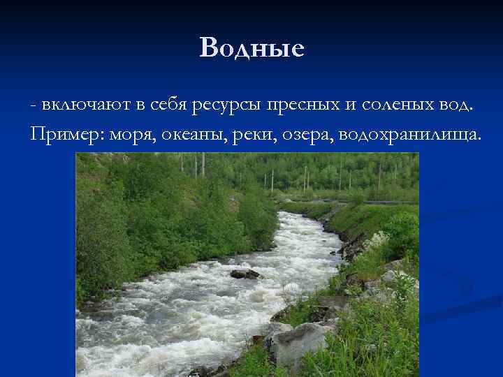 Водные - включают в себя ресурсы пресных и соленых вод. Пример: моря, океаны, реки,