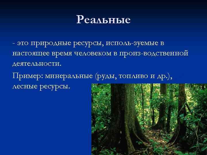 Реальные - это природные ресурсы, исполь зуемые в настоящее время человеком в произ водственной