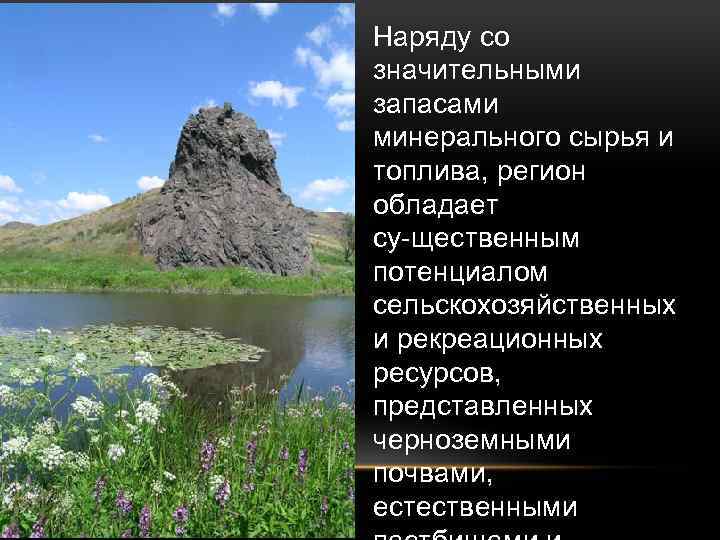 Наряду со значительными запасами минерального сырья и топлива, регион обладает су щественным потенциалом сельскохозяйственных