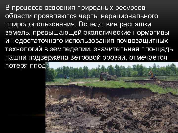 В процессе освоения природных ресурсов области проявляются черты нерационального природопользования. Вследствие распашки земель, превышающей