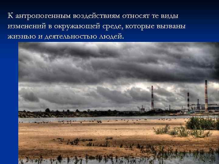 К антропогенным воздействиям относят те виды изменений в окружающей среде, которые вызваны жизнью и