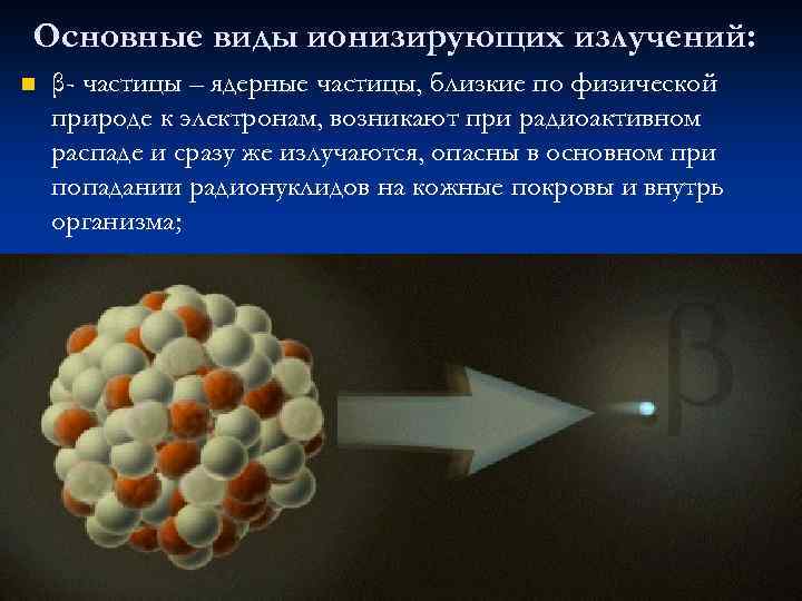 Основные виды ионизирующих излучений: n β- частицы – ядерные частицы, близкие по физической природе