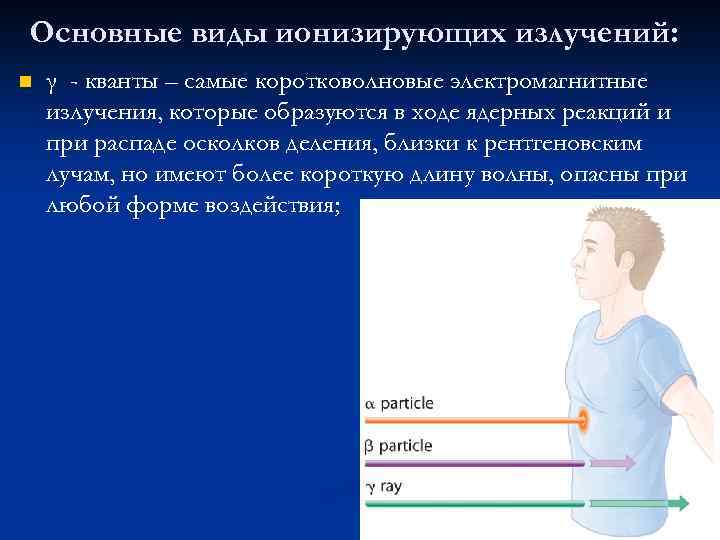 Основные виды ионизирующих излучений: n γ - кванты – самые коротковолновые электромагнитные излучения, которые