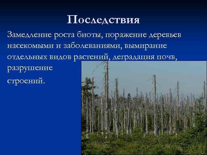 Последствия Замедление роста биоты, поражение деревьев насекомыми и заболеваниями, вымирание отдельных видов растений, деградация
