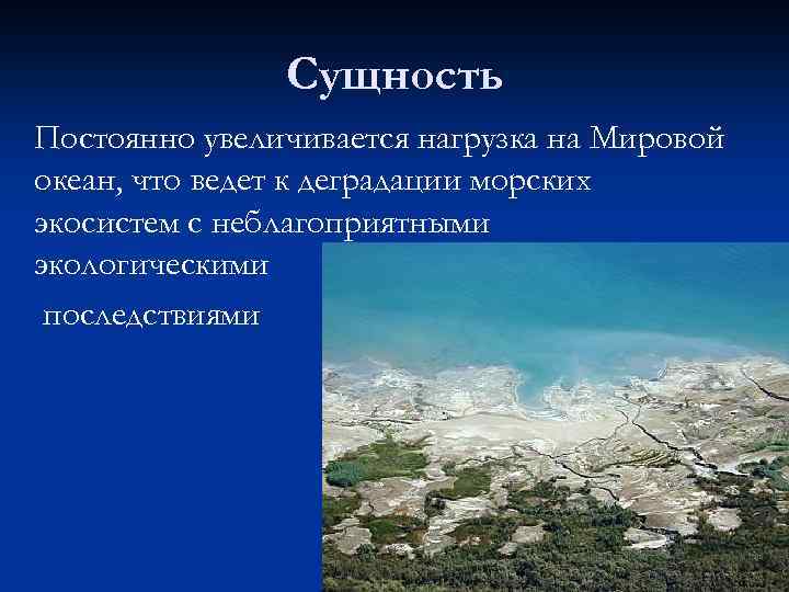 Сущность Постоянно увеличивается нагрузка на Мировой океан, что ведет к деградации морских экосистем с