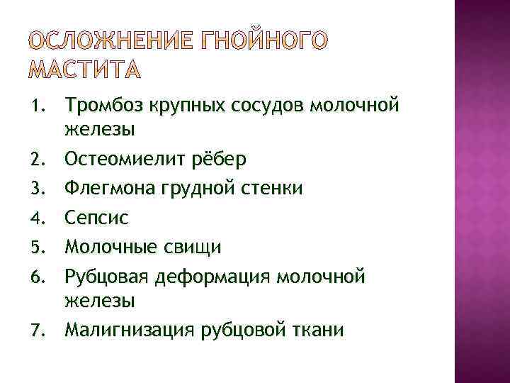 1. Тромбоз крупных сосудов молочной 2. 3. 4. 5. 6. 7. железы Остеомиелит рёбер