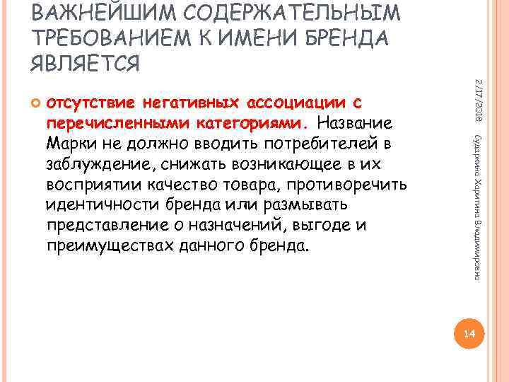 ВАЖНЕЙШИМ СОДЕРЖАТЕЛЬНЫМ ТРЕБОВАНИЕМ К ИМЕНИ БРЕНДА ЯВЛЯЕТСЯ Сударкина Харитина Владимировна отсутствие негативных ассоциации с