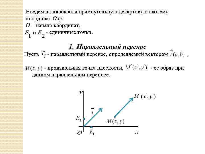 Введем на плоскости прямоугольную декартовую систему координат Oxy: O – начала координат, - единичные