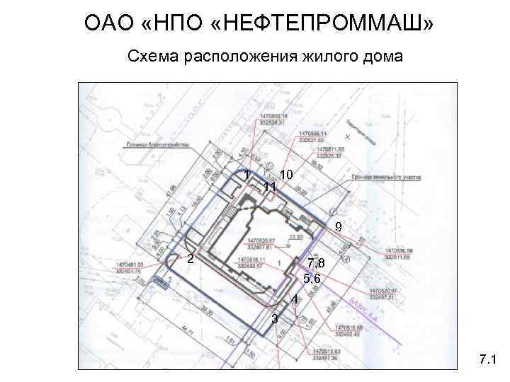 ОАО «НПО «НЕФТЕПРОММАШ» Схема расположения жилого дома 1 11 10 9 2 7, 8