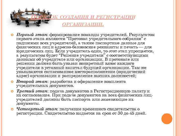 ПОРЯДОК СОЗДАНИЯ И РЕГИСТРАЦИИ ОРГАНИЗАЦИИ. Первый этап: формирование команды учредителей. Результатом первого этапа являются