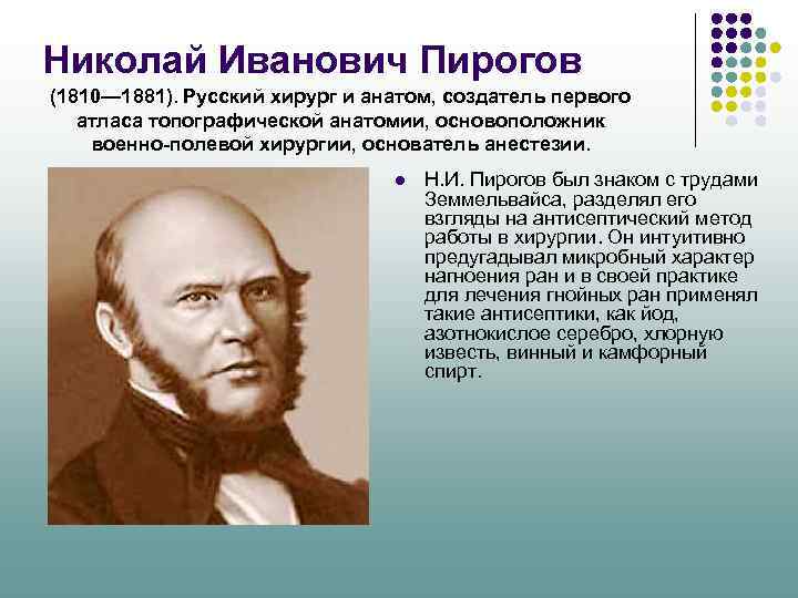 Николай Иванович Пирогов (1810— 1881). Русский хирург и анатом, создатель первого атласа топографической анатомии,