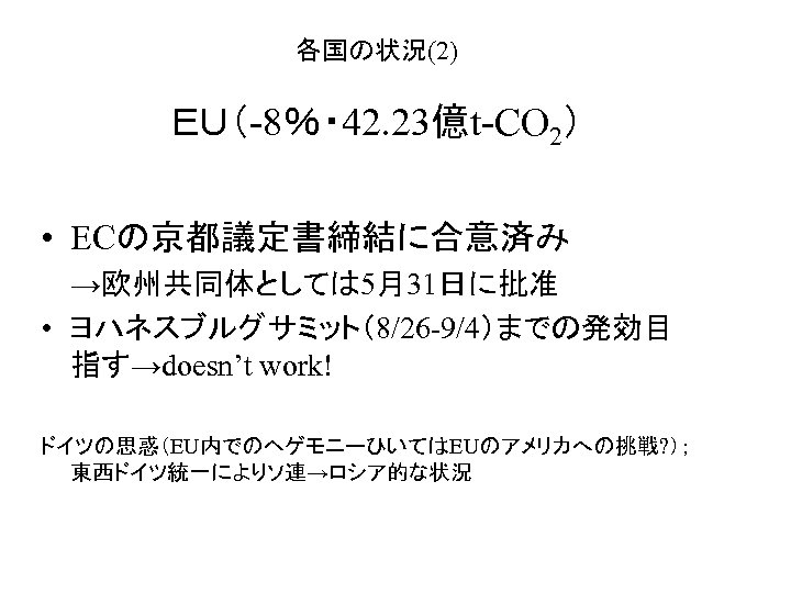 各国の状況(2) ＥＵ（-8％・ 42. 23億t-CO 2） • ECの京都議定書締結に合意済み →欧州共同体としては 5月31日に批准 • ヨハネスブルグサミット（8/26 -9/4）までの発効目 指す→doesn’t work!