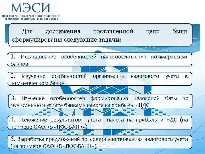 Для достижения поставленной сформулированы следующие задачи: цели были 1. Исследование особенностей налогообложения коммерческих банков