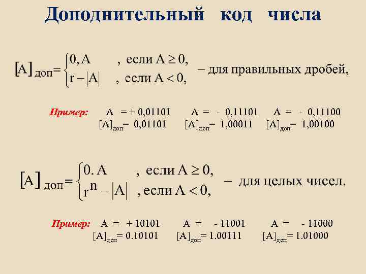 Доподнительный код числа Пример: A = + 0, 01101 [A]доп= 0, 01101 A =