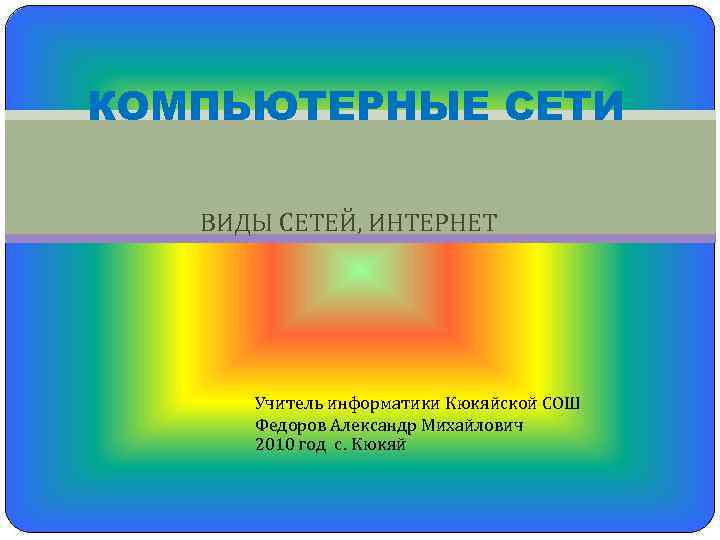 КОМПЬЮТЕРНЫЕ СЕТИ ВИДЫ СЕТЕЙ, ИНТЕРНЕТ Учитель информатики Кюкяйской СОШ Федоров Александр Михайлович 2010 год