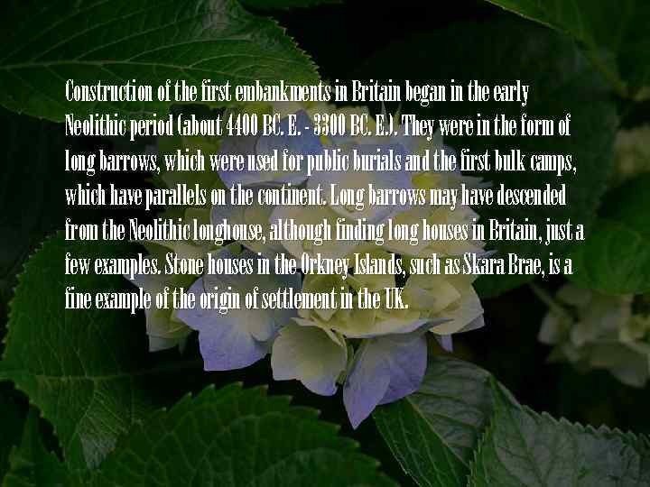 Construction of the first embankments in Britain began in the early Neolithic period (about