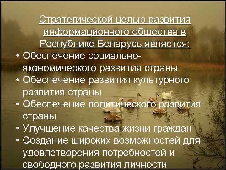  • • • Стратегической целью развития информационного общества в Республике Беларусь является: Обеспечение