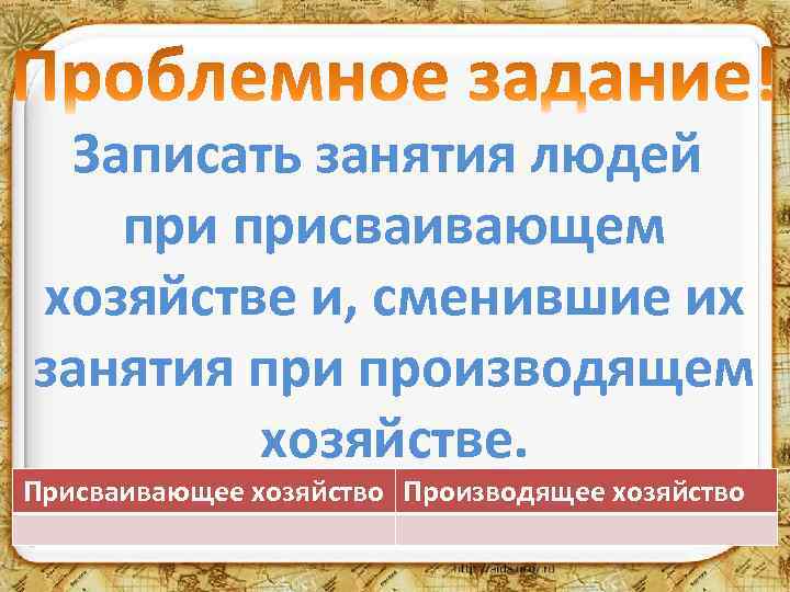 Записать занятия людей присваивающем хозяйстве и, сменившие их занятия при производящем хозяйстве. Присваивающее хозяйство