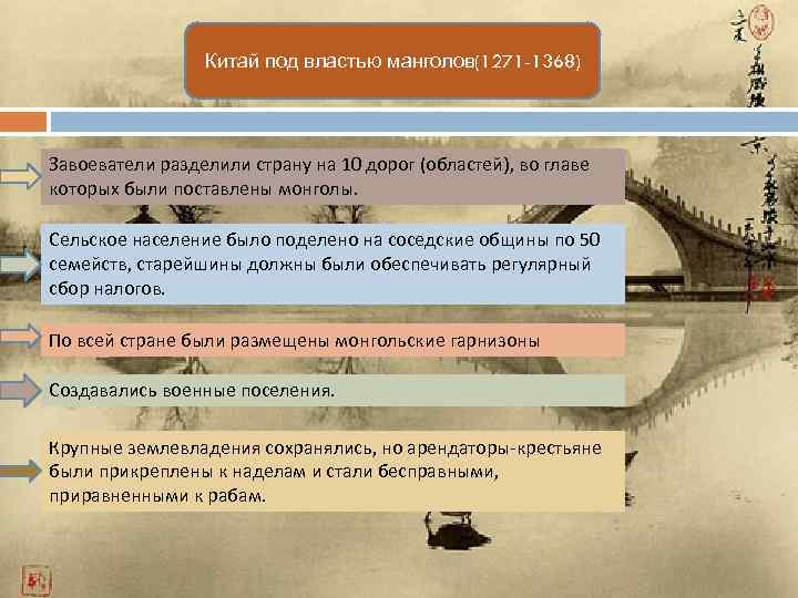 Китай под властью манголов(1271 -1368) Завоеватели разделили страну на 10 дорог (областей), во главе